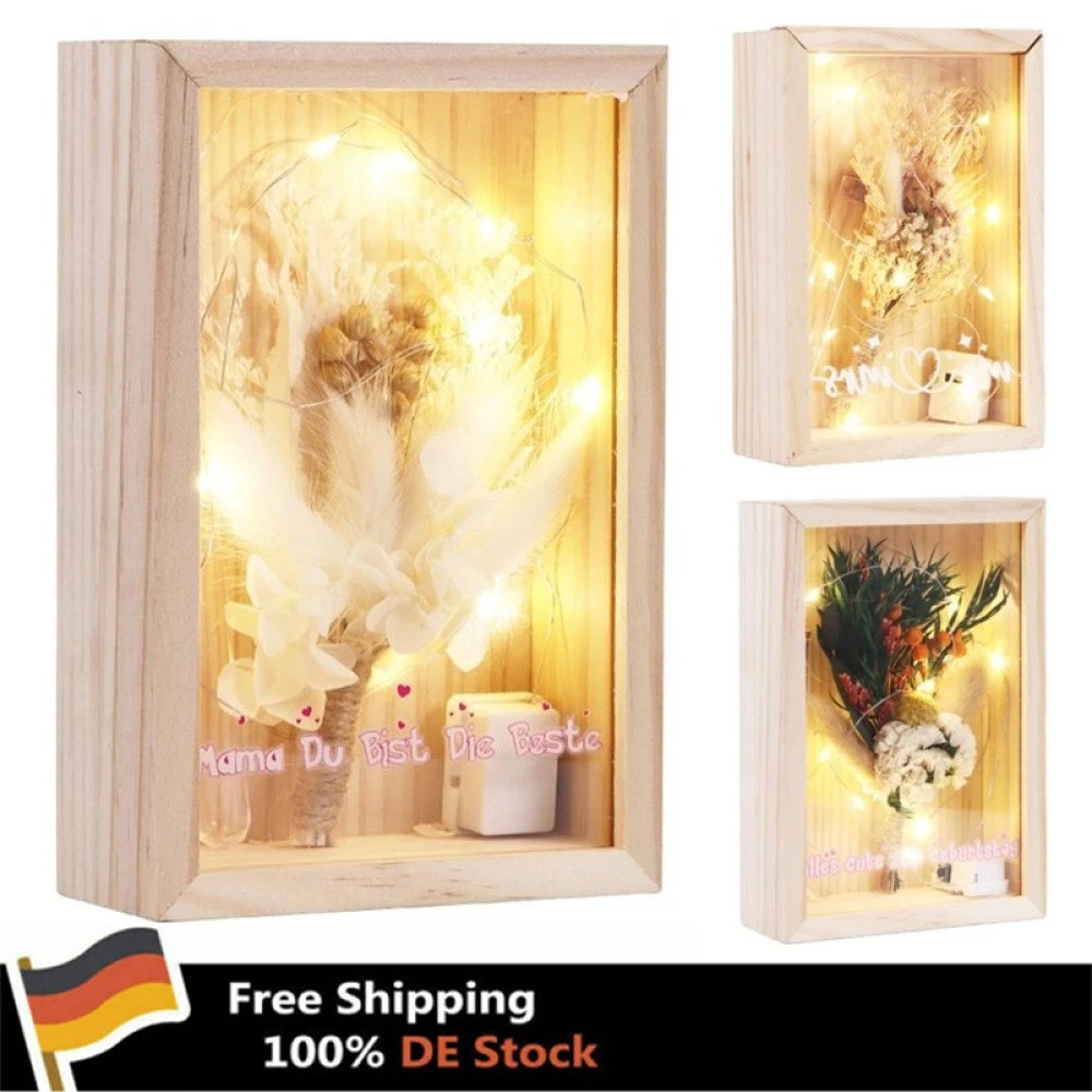 Hochzeit Muttertag Geburtstagsgeschenk Trockenblumenstrauß Massivholzbox mit LED