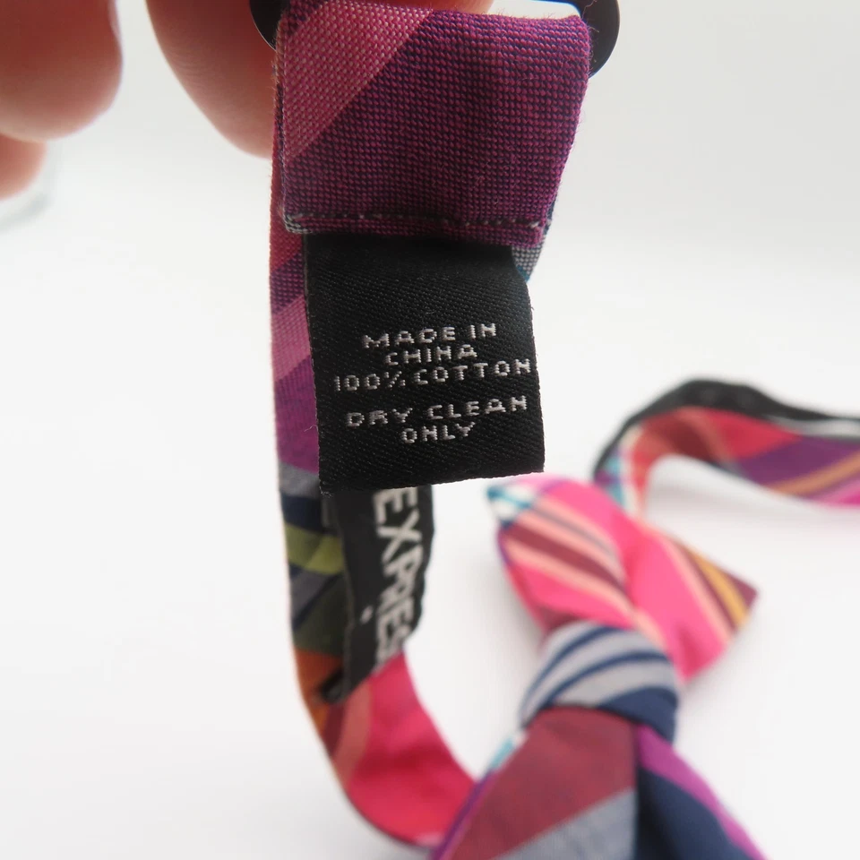 Express Bow Tie Pink Blue Plaid 2.5" Wide Pre Tied Cotton - Image 4 of 4