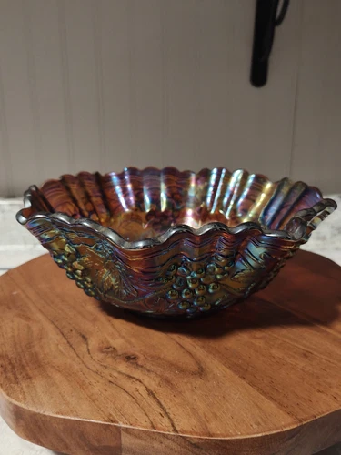 Vintage Imperial Glass Amethyst Smoke Carnival 10" Grape Vine Ruffled Bowl