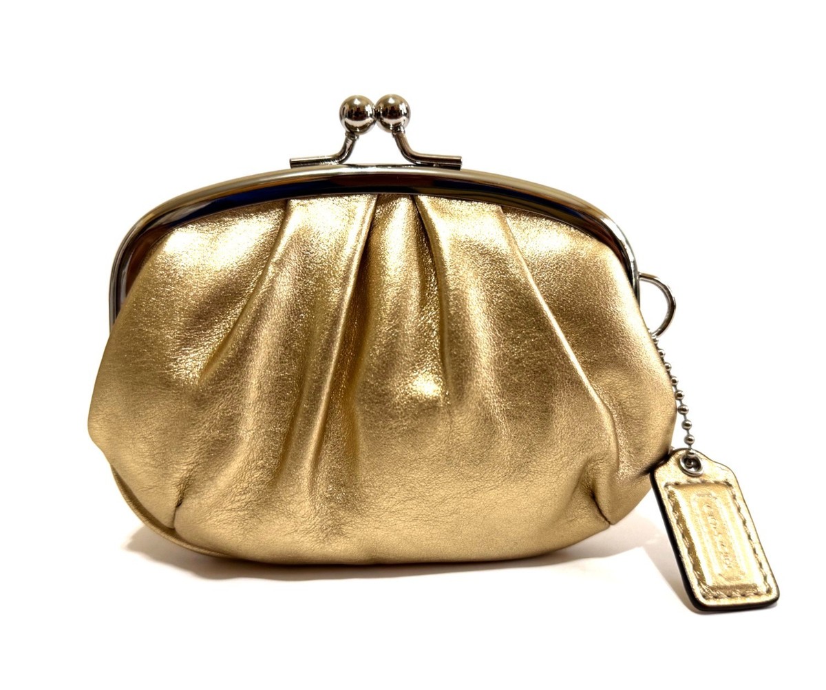 NEW COACH METALLIC GOLD LEATHER FRAMED KISSLOCK HANGING COIN PURSE