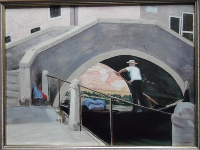 Venedig, Gondoliere vorbei an einer Brücke. Ivy Bowtell Original Vintage Öl