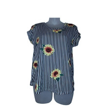 RAE CITY  Women's Black Striped Sunflower Short Sleeve Top Size L BG 11
