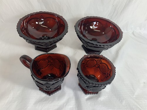 Vintage Avon Cape Cod Ruby Red Glass Sugar & Creamer Set 2 Footed Pedestal Bowls - Picture 2 of 8