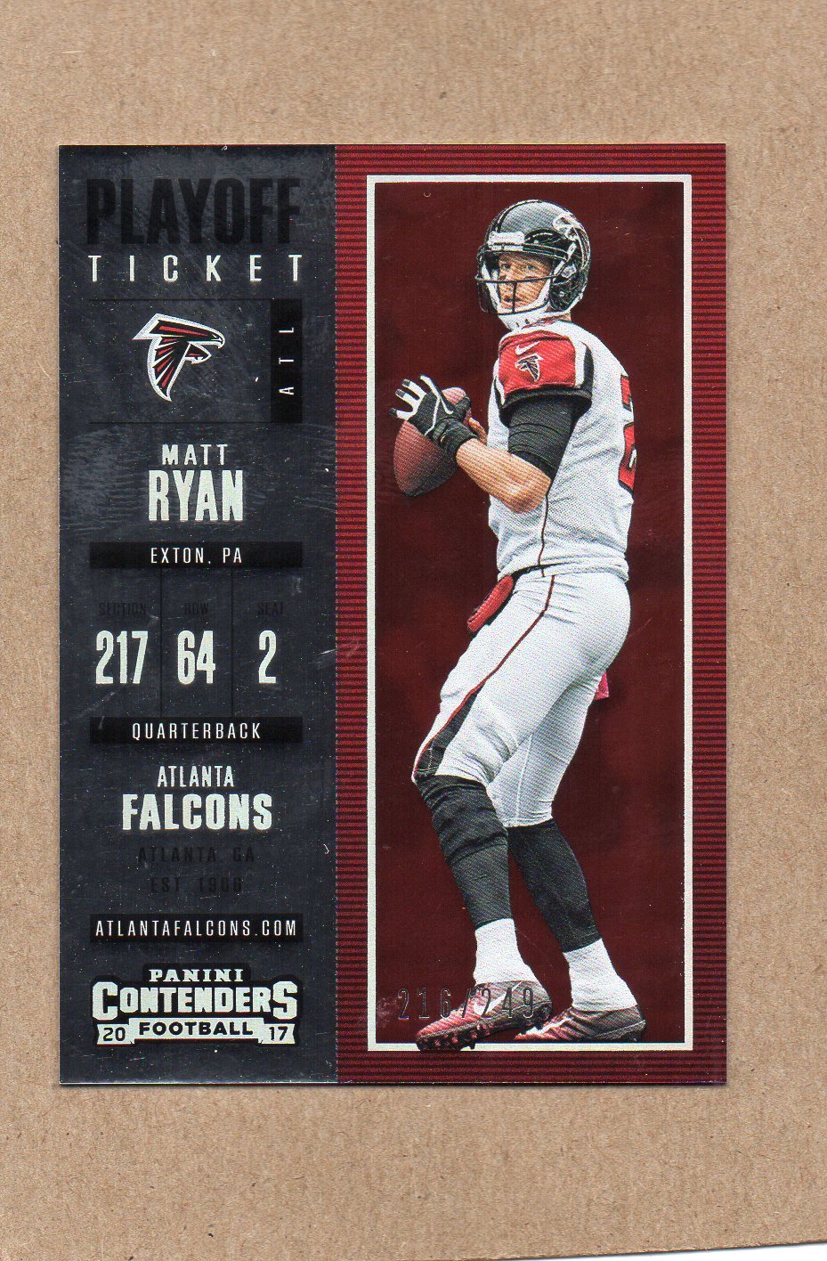 matt ryan atlanta falcons card 2017 contenders 2 216/249 playoff ticket red