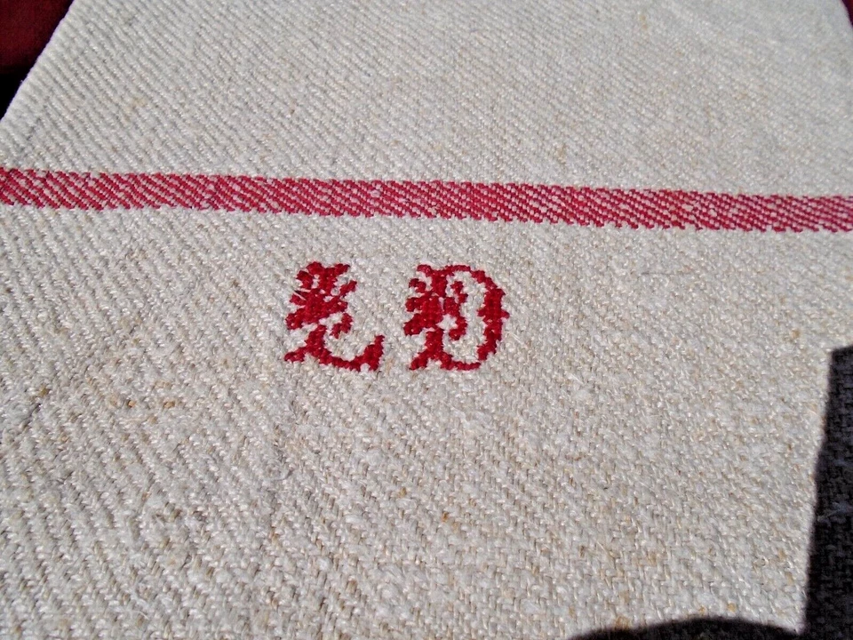 Grand torchon ancien lin et chanvre monogramme LD brodé - Photo 2/3