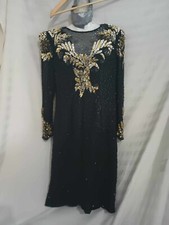 Lawrence Kazar Formal Dress Evening Gown Black Gold Beaded Silk Sheer VJVS