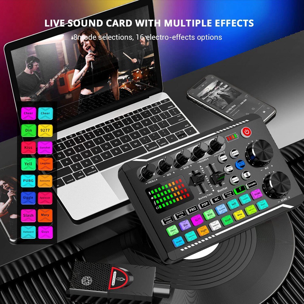 F998 Live Sound Card Audio Mixer Podcast, Voice Changer for Board for