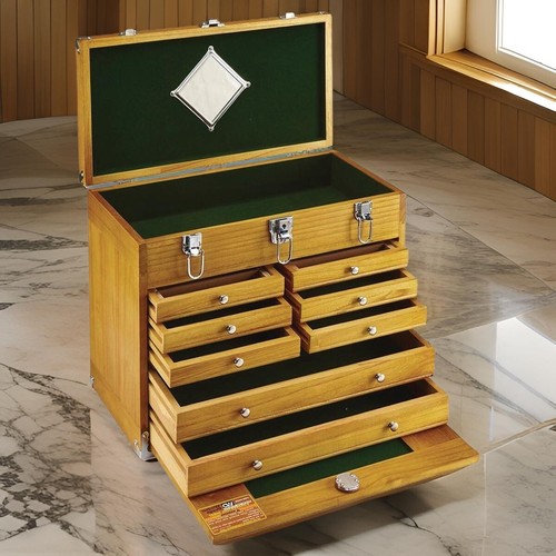 8 Drawer Hard Wood Tool Chest Storage Box Cabinet Felt Lined Machinists Chest - Picture 12 of 12