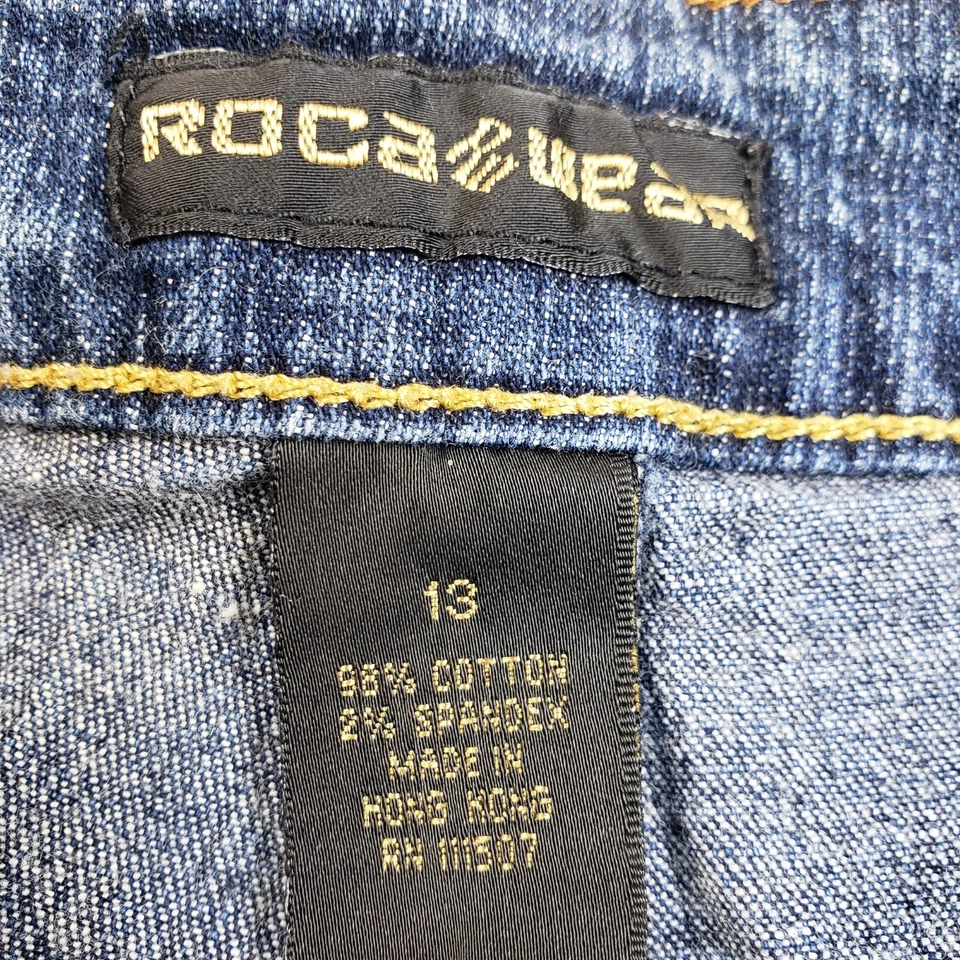 Bermudas cortas de mezclilla Rocawear para mujer talla 13 junior lavado oscuro bordado corte Foto 3 de 4