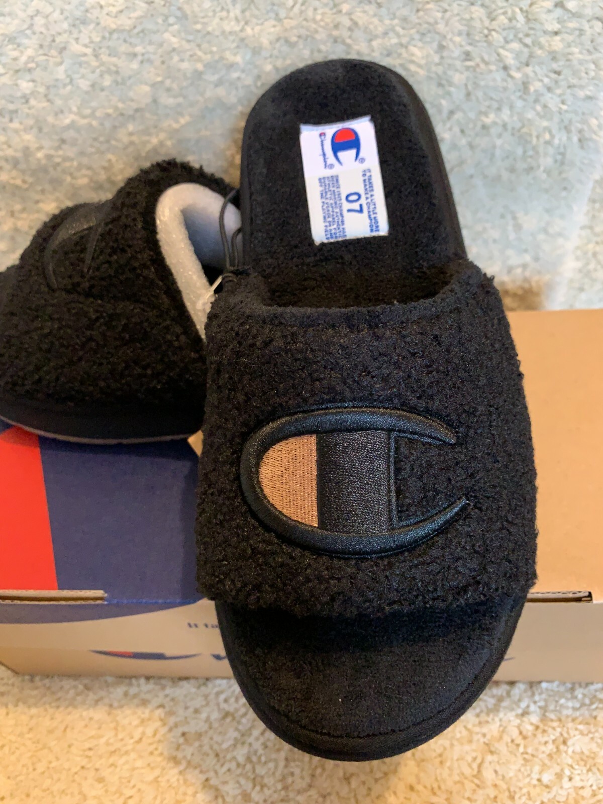 PANTOFOLA D’ORO Originals Champion plush cozy womens slippers sandals black gol NWT sz 6 7 8