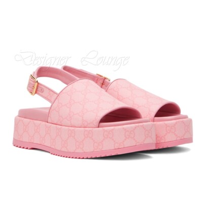 NEW GUCCI Angelina GG Pink Supreme Canvas Slingback Platform