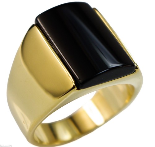 Black Onyx Sleek Smooth Dome Anillo de hombre 18k gold overlay size 9 T65 - Imagen 1 de 2