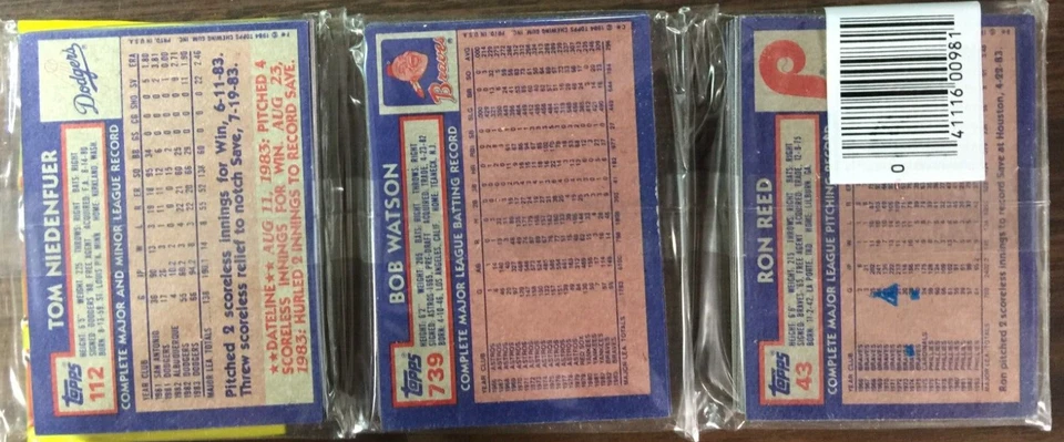 Topps Rack Pack 1984 Bob Watson, Ron Reed, Tom Niedenfuer, Amos Otis Showing Foto 2 de 4