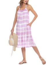 MSRP $54 Raviya Womens Tie-Dyed Tiered Swim Cover-Up Dress Purple Size Medium