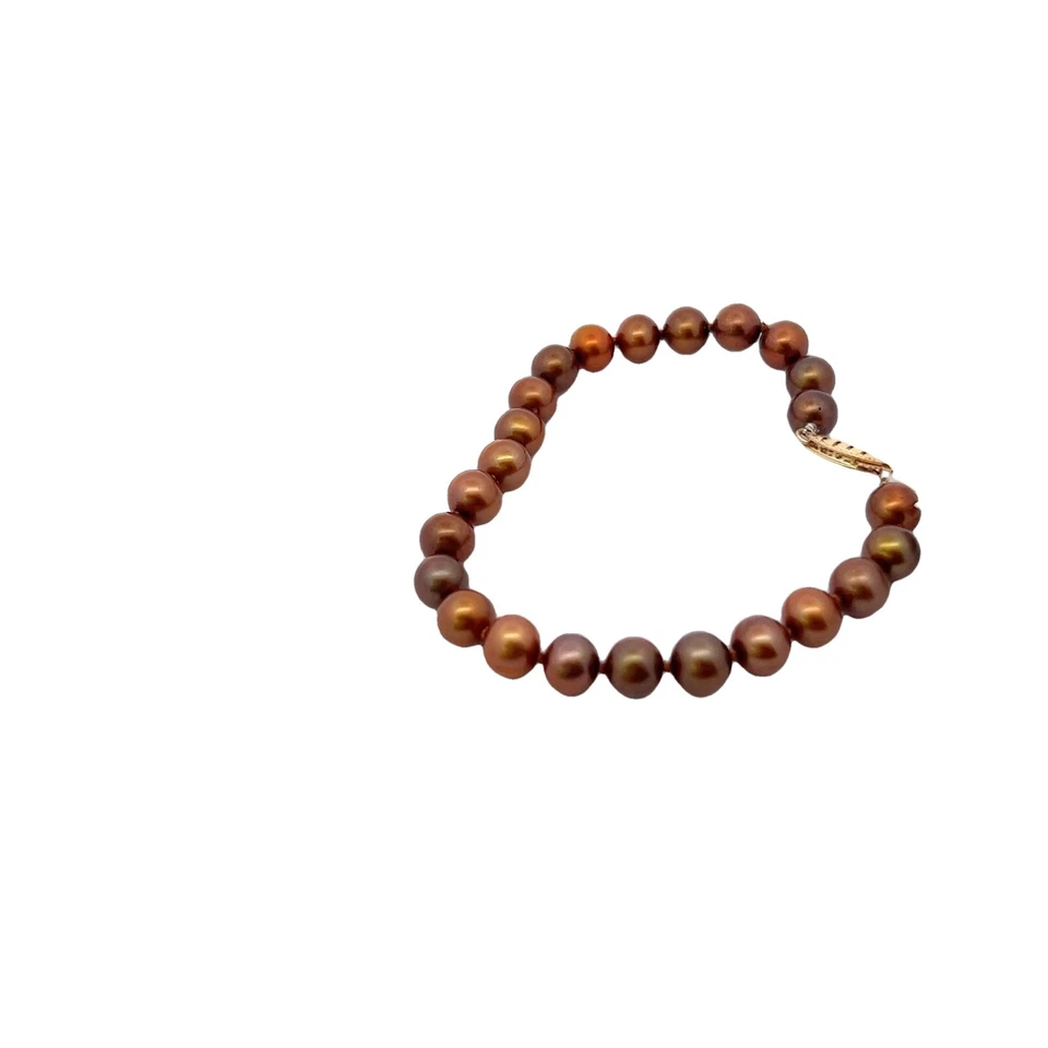 Brazalete de perlas teñidas de chocolate de agua dulce genuinas de oro amarillo de 14 k de 6,5-7,0 mm Foto 4 de 4