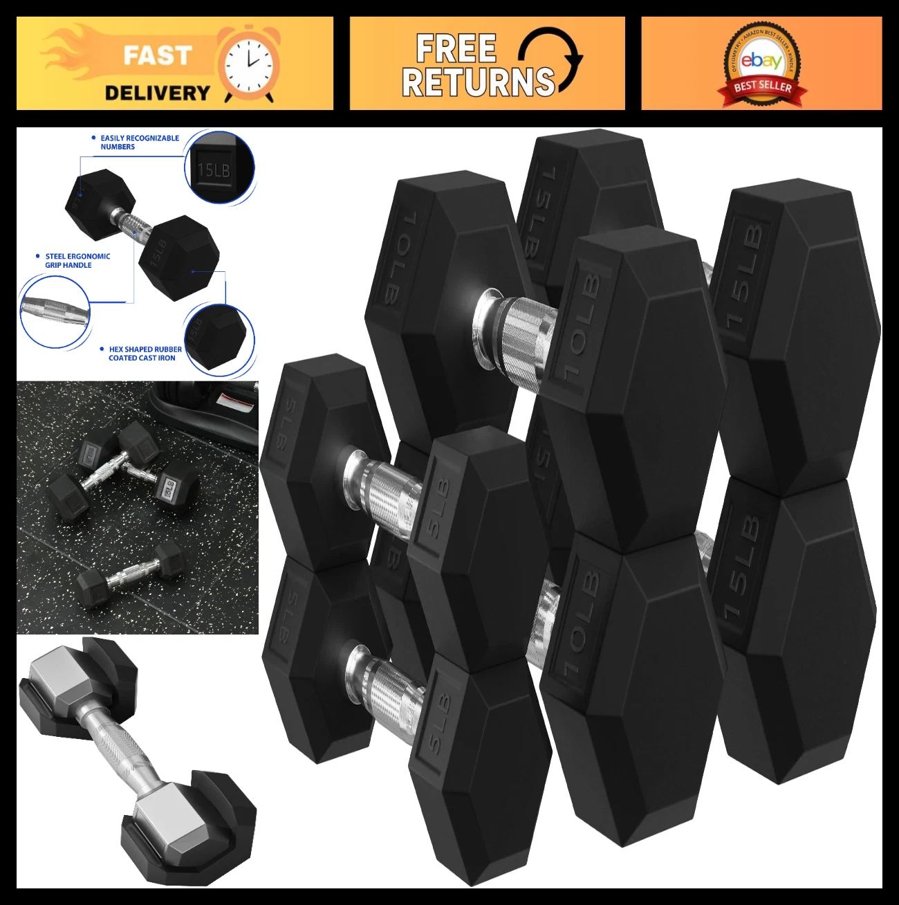 Rubber Encased Hex Dumbbells with Rack - 10, 15, 20LB Pairs for Home Gym Fitness