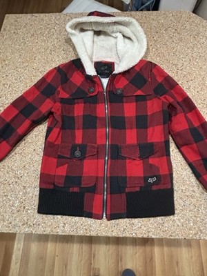 Fox Girls Racing Jacket Buffalo Plaid Full Zipped Hooded Faux Fur Hood Size M