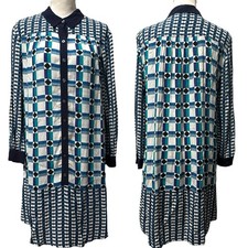 Maeve Anthropologie Blue Geometric Button Front Shift Dress Size 4 Mod Retro