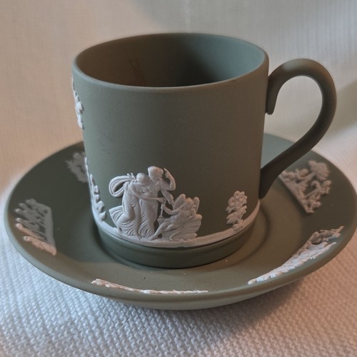 Vintage Wedgwood Jasperware Sage & White Demitasse Cup & Saucer Set 1984 England