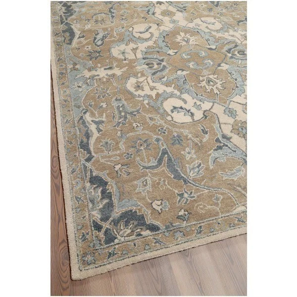 Handmade 8x10 Wool Area Rug Tan Blue Floral Pattern Traditional Oriental Carpet - Image 2 of 4