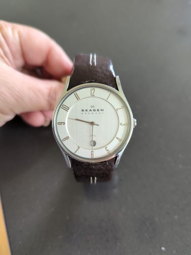 SKAGEN Steel Men’s Quartz Watch Date Silver Dial Tan Leather **READ** F101