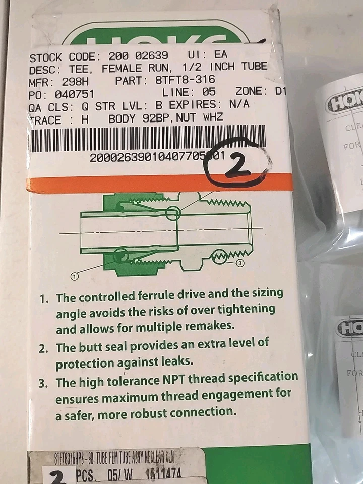  1/2" Tube FNPT 316ss Female Run Tee Hoke Gyrolok 8TFT8316 Lot Of 2 - Image 3 of 4