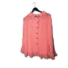 Vintage Handmade Poncho Cape Crochet Knit Pink Artsy Retro