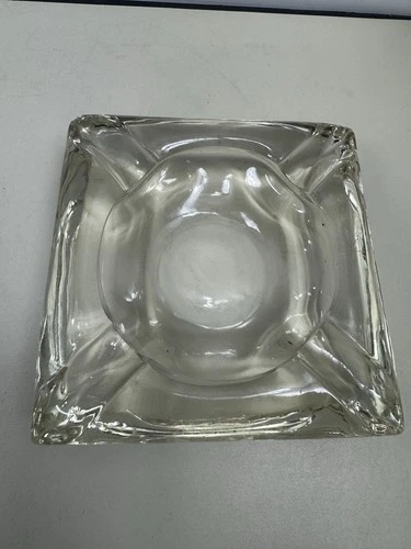 Vintage Clear Heavy and Thick Square Pillow Type Artglass Ashtray - MCM