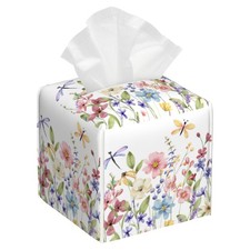 Watercolor Wildflowers Butterfly Dragonfly Tissue Box Cover Square Leather Ti...