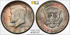 1964 D Kennedy Half Dollar PCGS MS65 Gentle Pink/Green/Aqua Toning Satin Surface