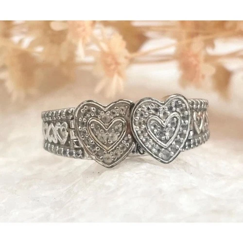 Heart Shaped "Together as One" Engraved Sterling Silver Locket Vintage Ring - 10