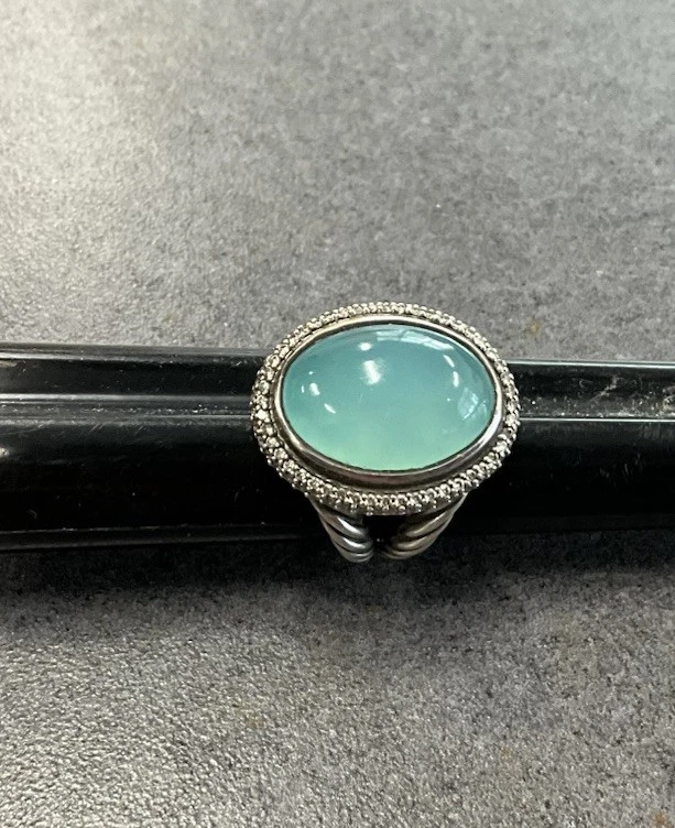 Anillo de cóctel David Yurman de plata esterlina ovalado aguamarina calcedonia y diamantes talla 8 Foto 3 de 4