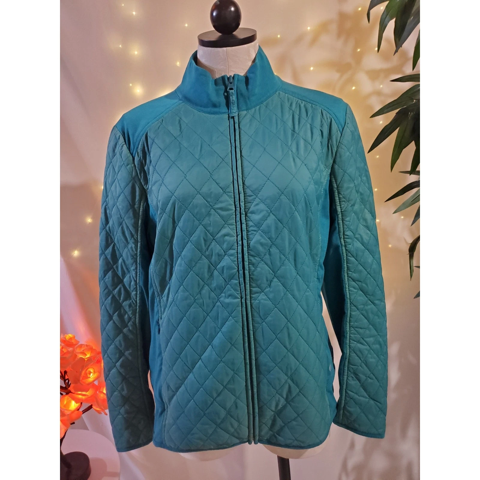 T by Talbots Diamond Quilted Teal Blue Zip Up Lightweight Jacket Womens Size L