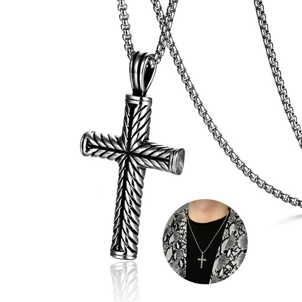 Boys Mens Stainless Steel Vintage Cross Pendant Necklace Men Women Silver - Image 2 of 4