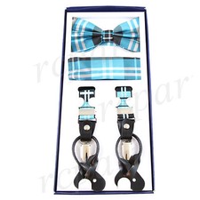 New Y back Men's Vesuvio Napoli Suspenders Bowtie Hankie Plaid Turquoise blue