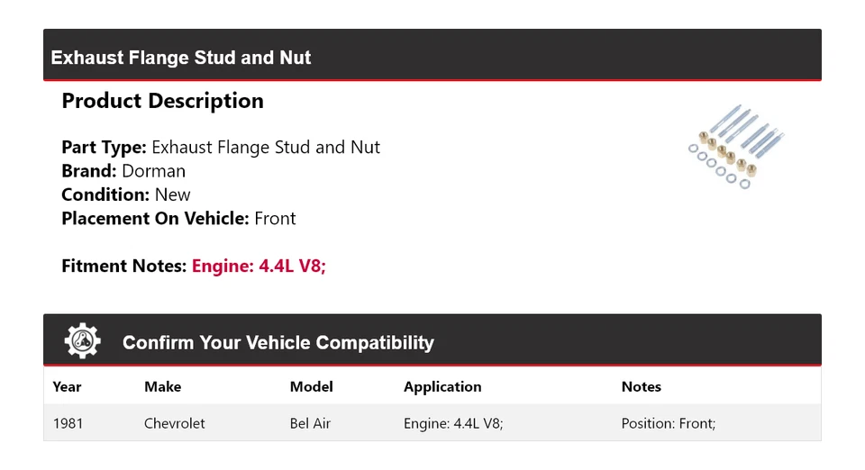 Para Chevrolet Bel Air 1981 4,4 L V8 Dorman brida de escape perno y tuerca delantera Foto 2 de 4