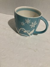 Starbucks Coffee Mug Raised Blue PENGUIN TREES Holiday 2007 Cup 8oz Christmas