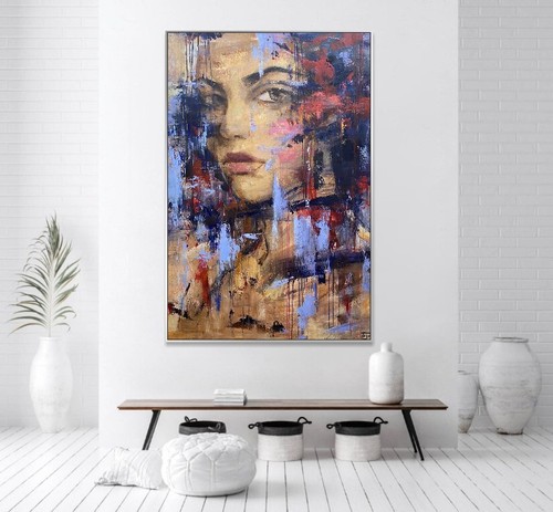 Figurative Painting Woman Abstract Face Painting Modern Wall Art 63"x47" - Picture 5 of 11