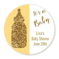 It's A Baby Gold Glitter Bottle - Round Personalized Baby Shower Sticker Labels