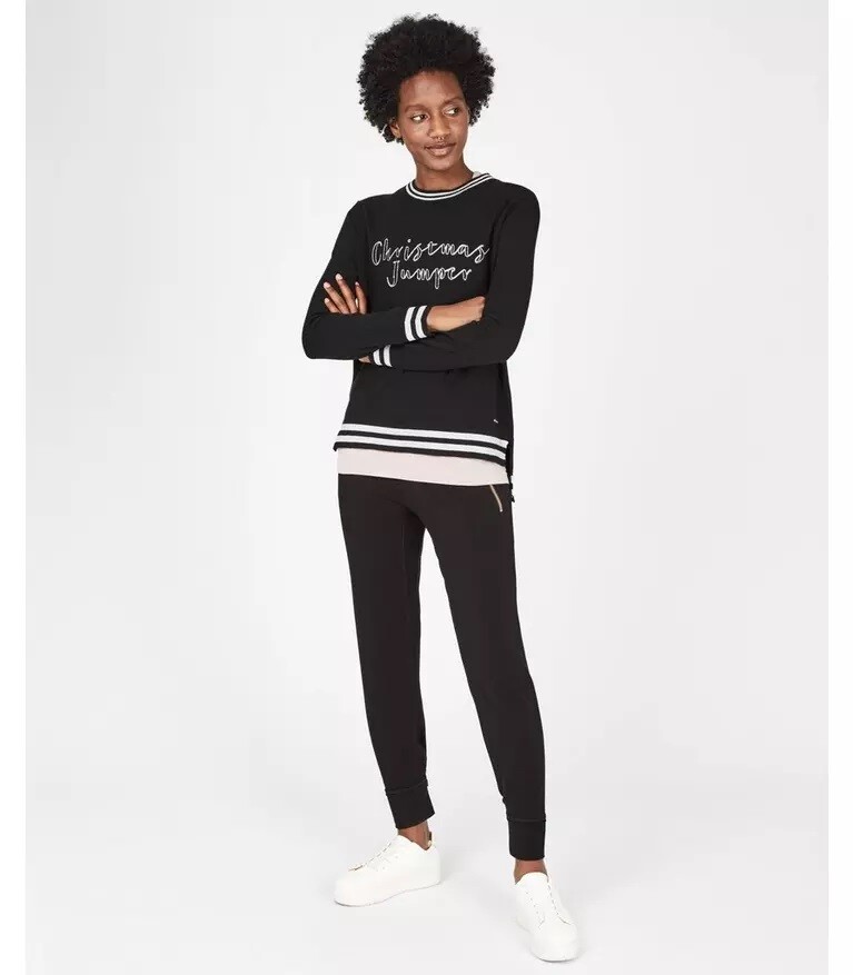 Sweaty Betty Sweater Black Christmas Glitter Striped Trim Crew Neck Jumper  NWT | eBay