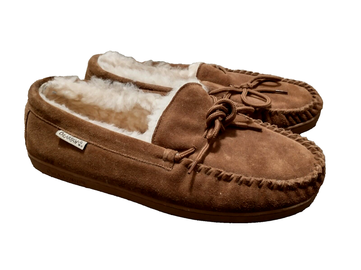 Bearpaw Men's Hickory Brown Cow Suede Moccasin Toe Sheepskin Lining  Slippers 13