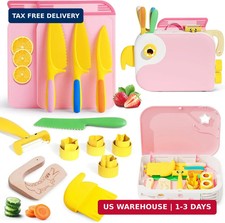 Kids Kitchen Knife Set for Real Cooking with Storage Box Pink, Montessori Kitche