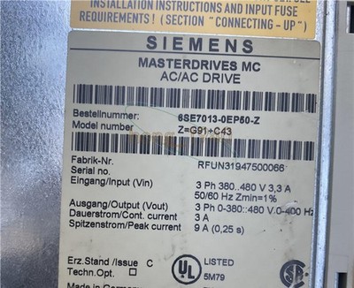 ONE USED SIEMENS MAIN DRIVE 6SE7013-0EP50-Z Z=G91+C43