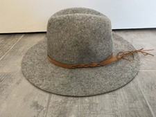 Grey Wool Felt Panama Fedora Hat Faux Leather Trim Boho Fashion