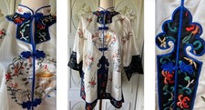 SILK CHINESE ROBE MULTICOLOR EMBROIDERED FLOWERS KIMONO WHITE BLACK M EUC
