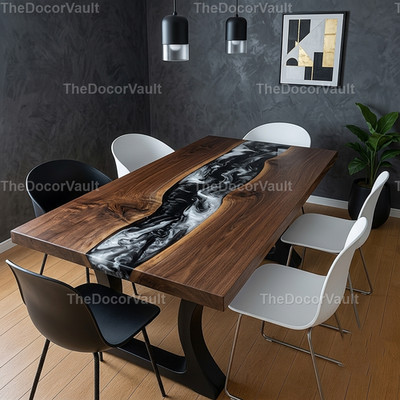 Black Epoxy River Walnut Wood Dining Table Top Live Edge Handmade Custom table