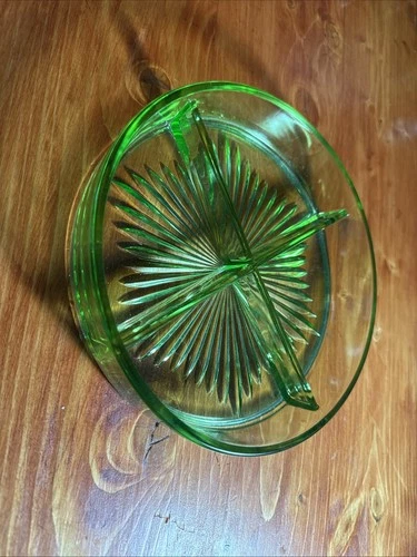 Uranium Glass Divided Relish Nut Candy Dish 6.5” Green Depression Glass