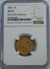 1852  Liberty Gold Half Eagle $5 Coin -  NGC graded AU53 - free shipping!!!