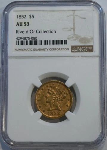 1852  Liberty Gold Half Eagle $5 Coin -  NGC graded AU53 - free shipping!!!