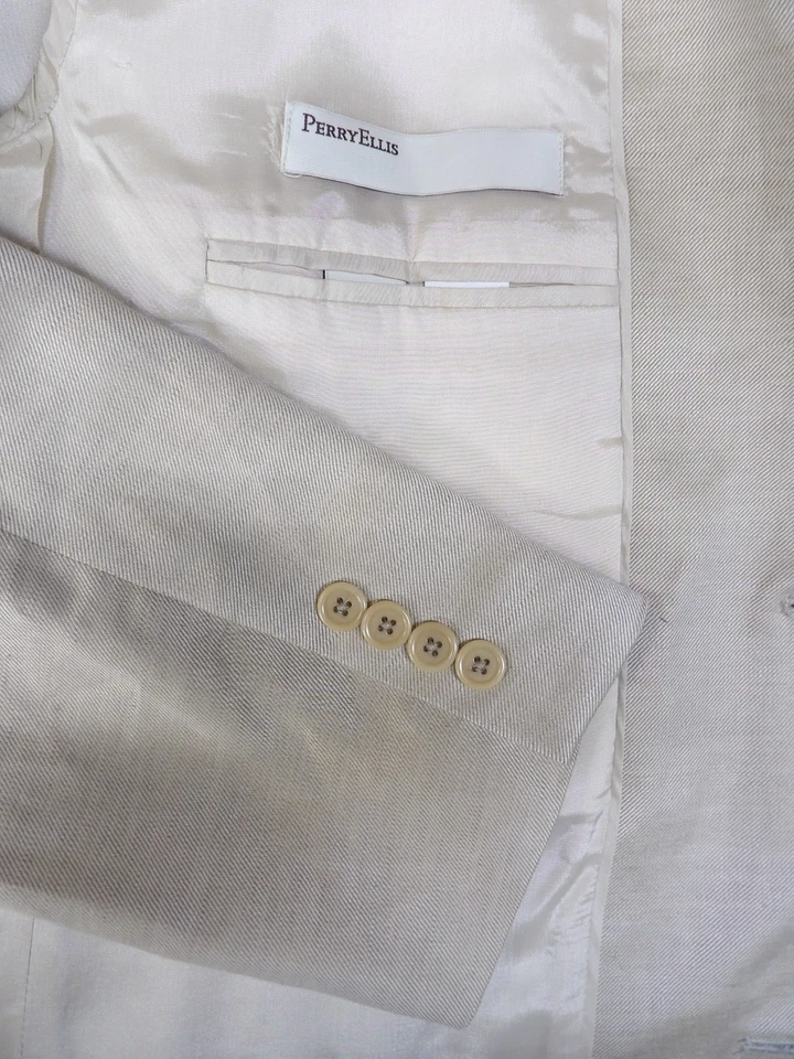 Blazer Hombre Abrigo Deportivo Chaqueta 46L Perry Ellis Plateado Crema Lino y Tencil N#173 Foto 3 de 4